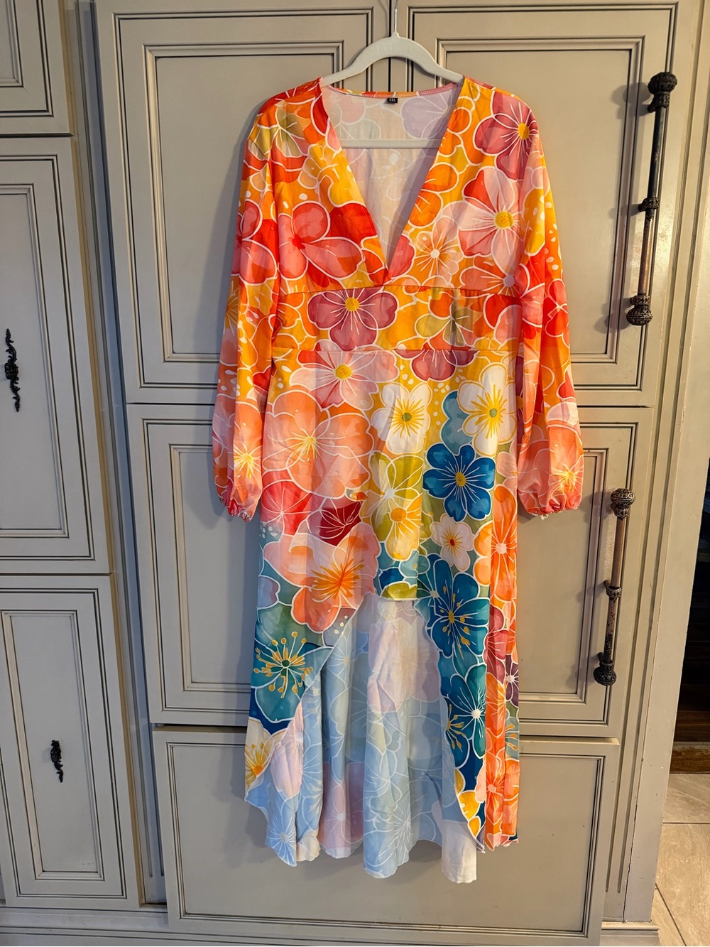 New Floral V-Neck High Low long sleeve Dress Sundress Flowy lightweight 3XL